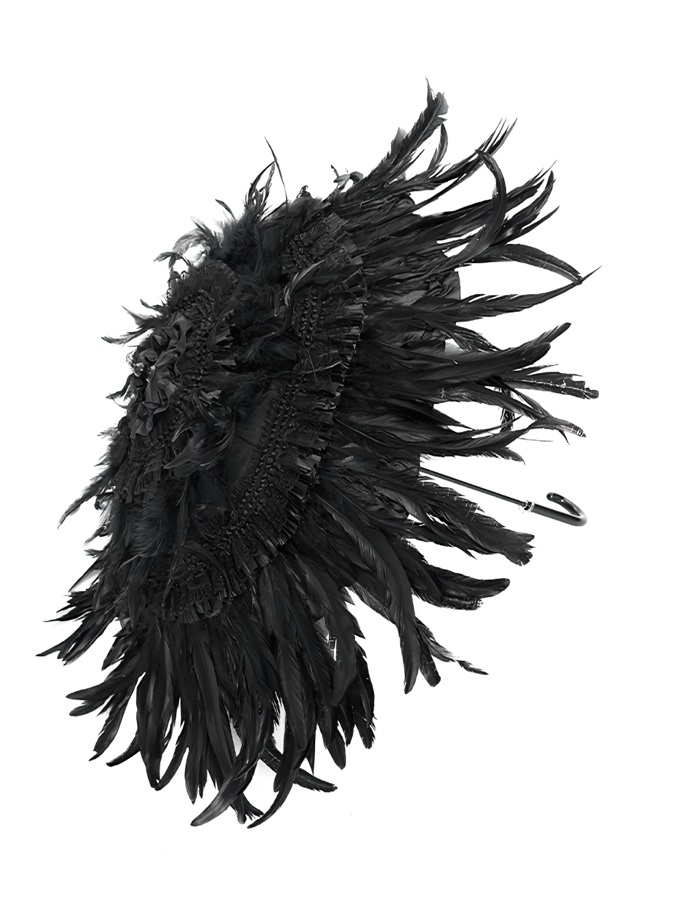 Elegant black feathered Gothic umbrella showcasing intricate lace and beaded details for dark fashion lovers.