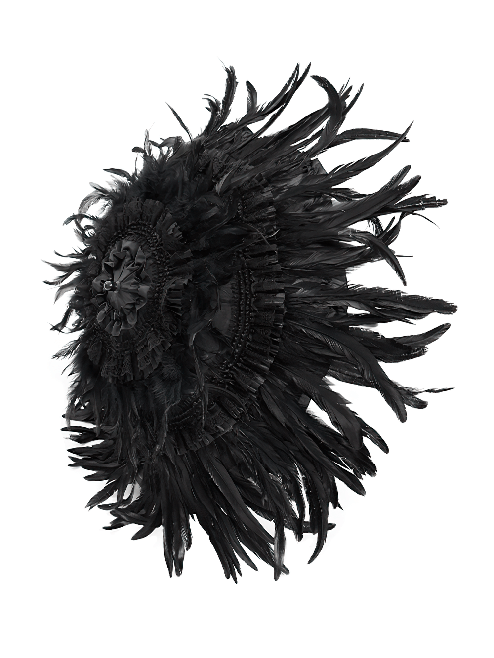 Elegant black feathered umbrella with intricate lace and bead details, perfect for gothic and Victorian fashion.
