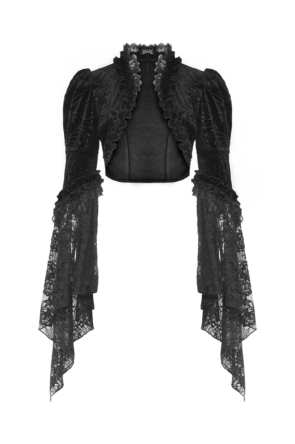 Elegant black flared sleeves lace bolero, perfect evening accessory for sophisticated looks.