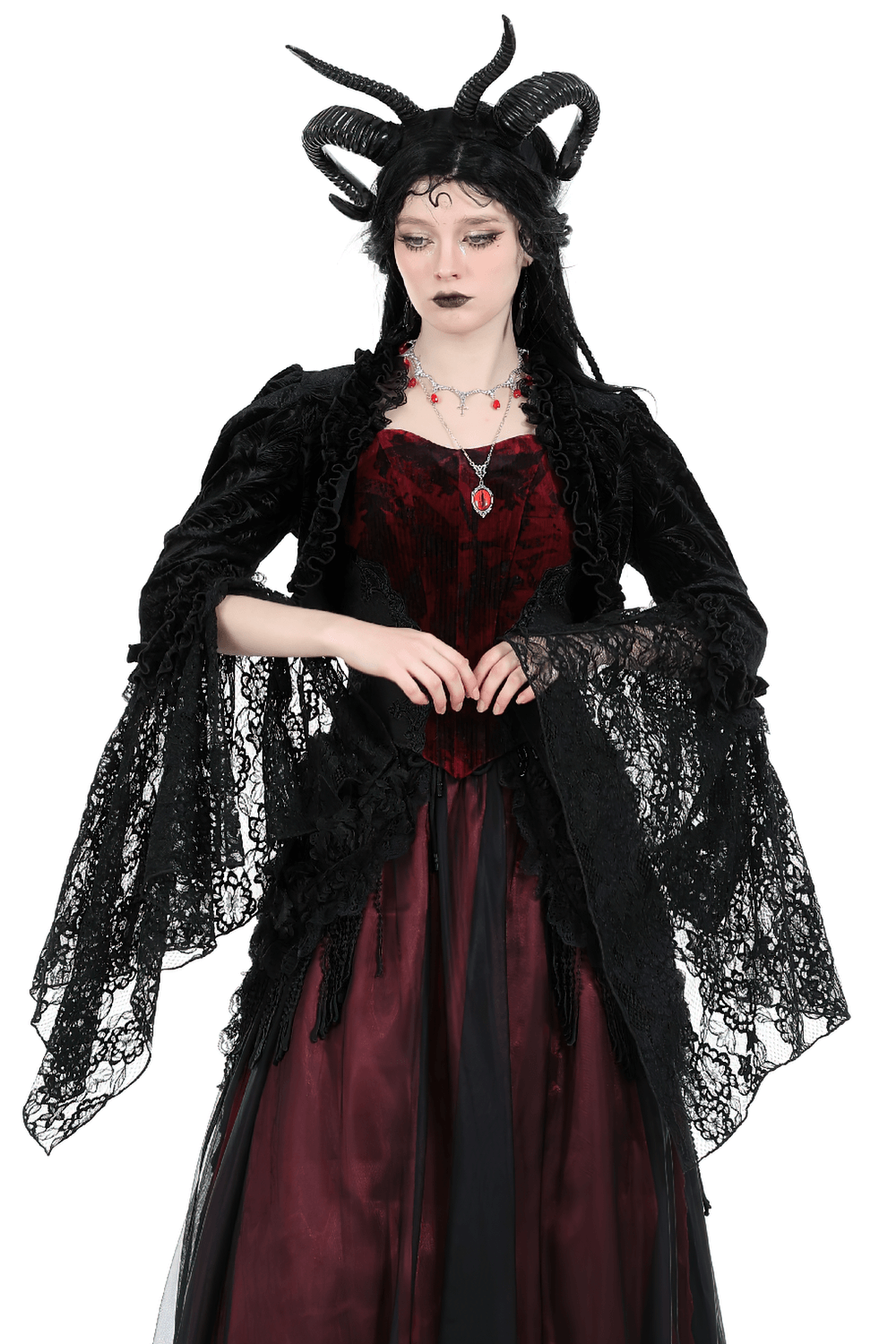 Elegant black flared sleeves lace bolero worn over a burgundy dress, perfect for evening sophistication and special occasions.