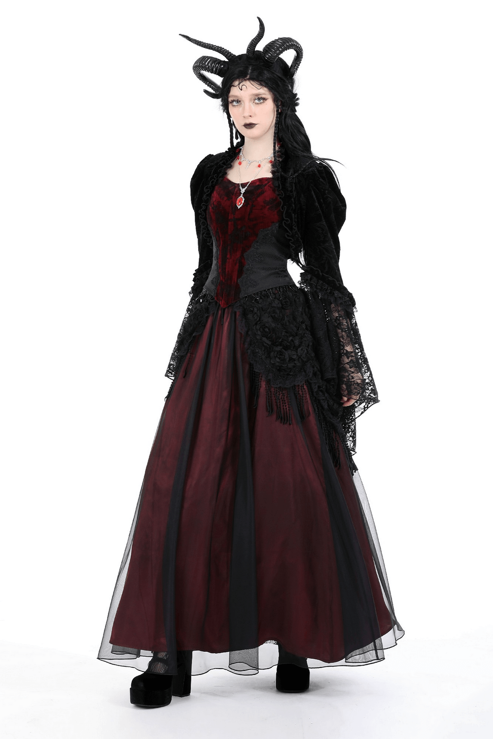 Elegant gothic model in a black lace bolero and burgundy gown, perfect for evening wear and special occasions.