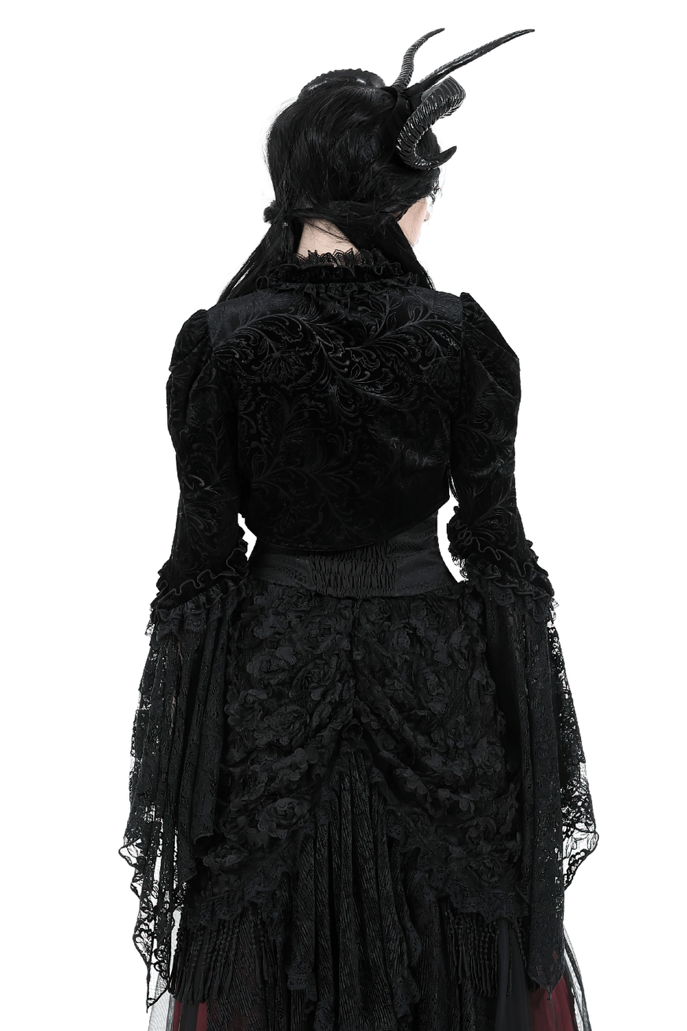 Elegant black flared sleeves lace bolero displaying intricate lace detailing for evening wear.