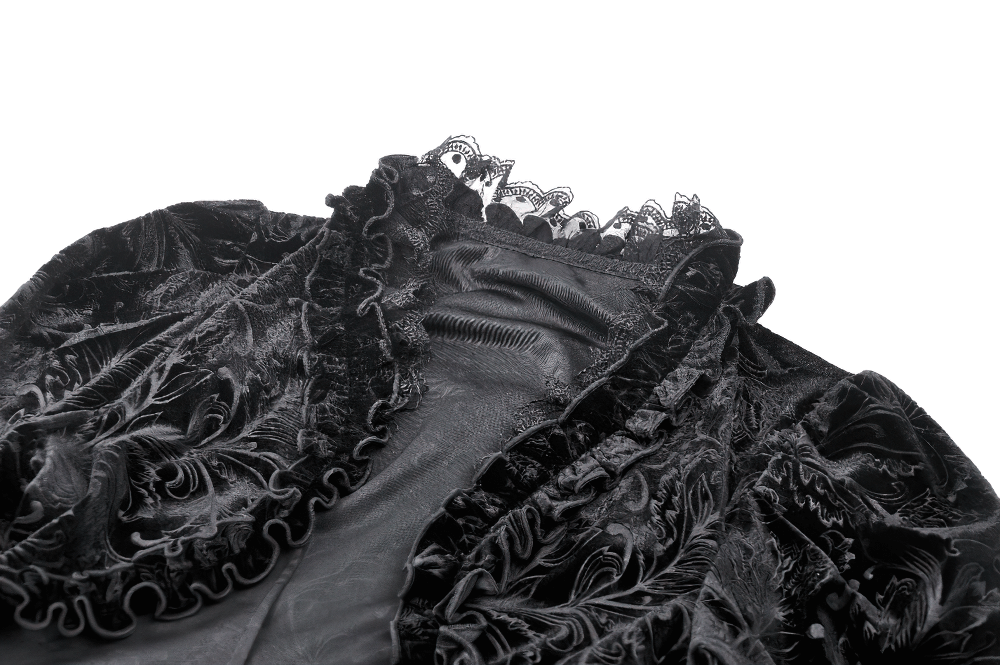 Elegant black lace bolero showcasing intricate detailing and flared sleeves, perfect for stylish evening looks.