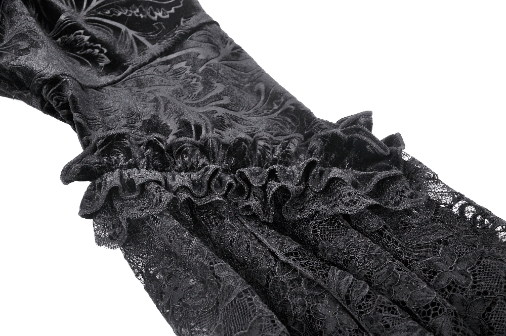 Elegant black lace bolero with flared sleeves and intricate detailing for evening wear.
