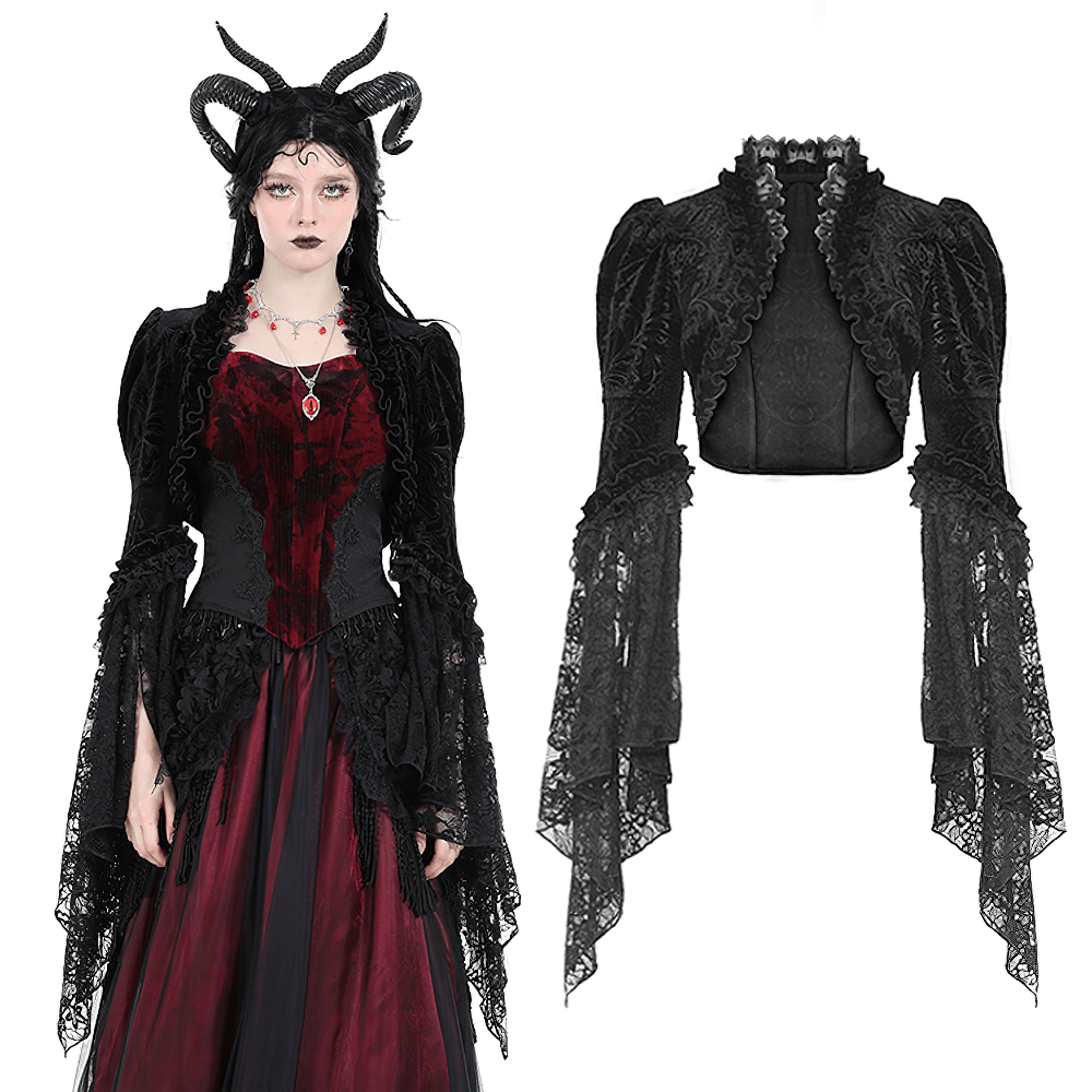 Elegant black lace bolero with flared sleeves, perfect for dramatic evening looks.