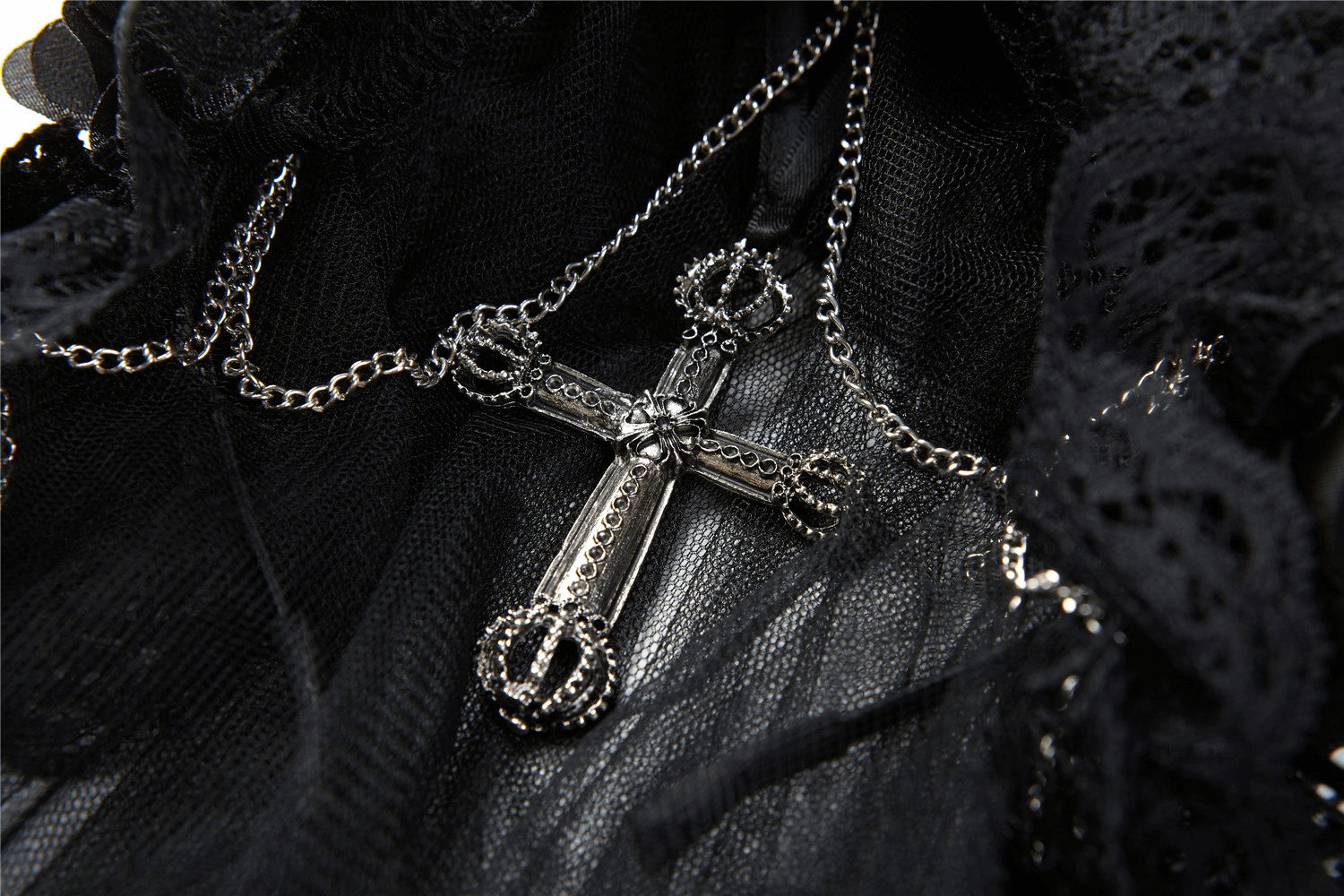Elegant Black Floral Bridal Cascading Veil with Cross