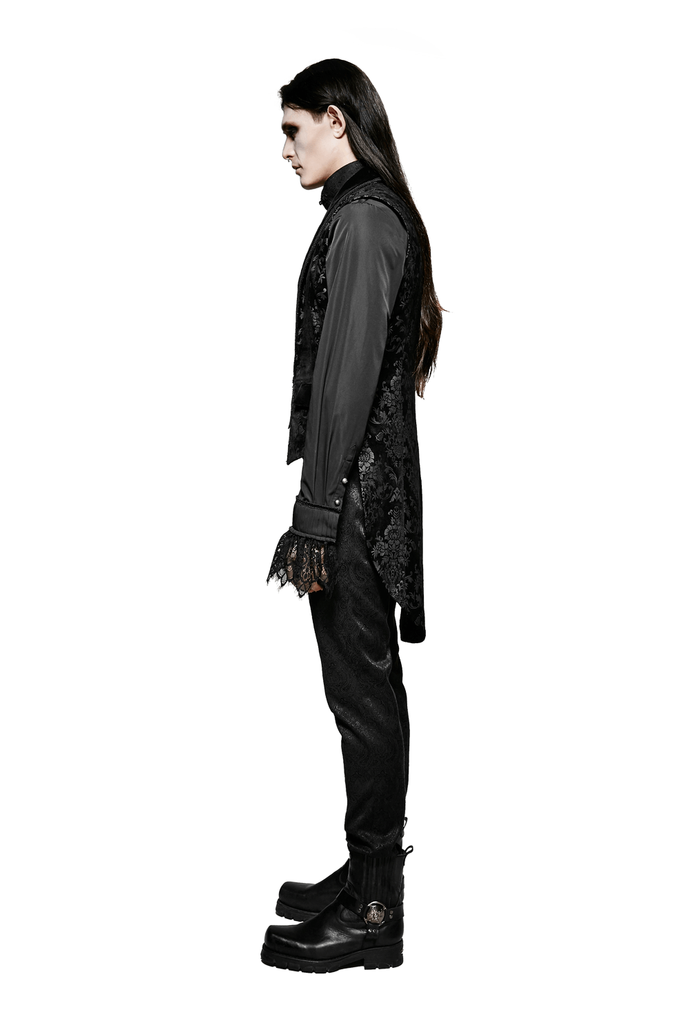 Model showcasing the Elegant Black Floral Jacquard Swallowtail Vest from a side view, exuding Gothic elegance.