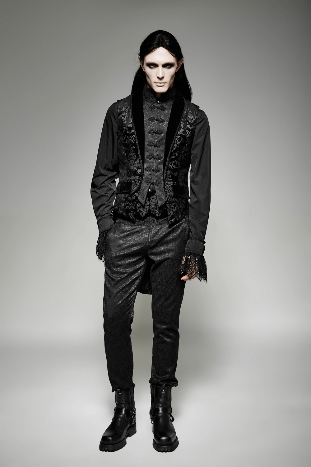 Model showcasing Elegant Black Floral Jacquard Swallowtail Vest with gothic style outfit for dramatic elegance.