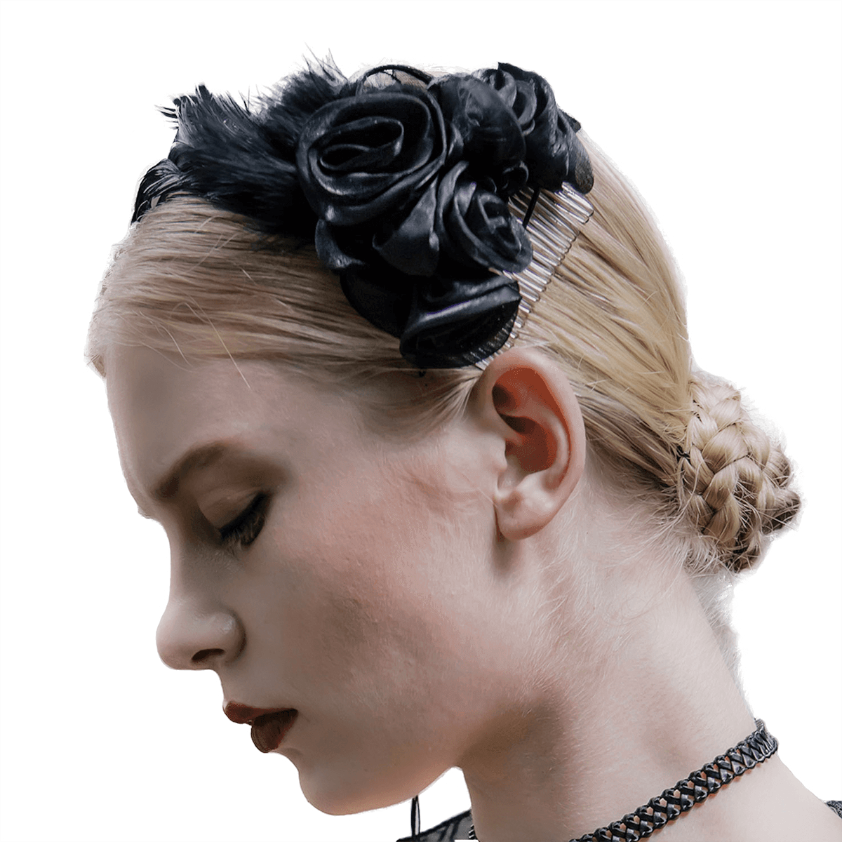 Elegant black flower hair clip with feathers, perfect for gothic women's floral accessories.