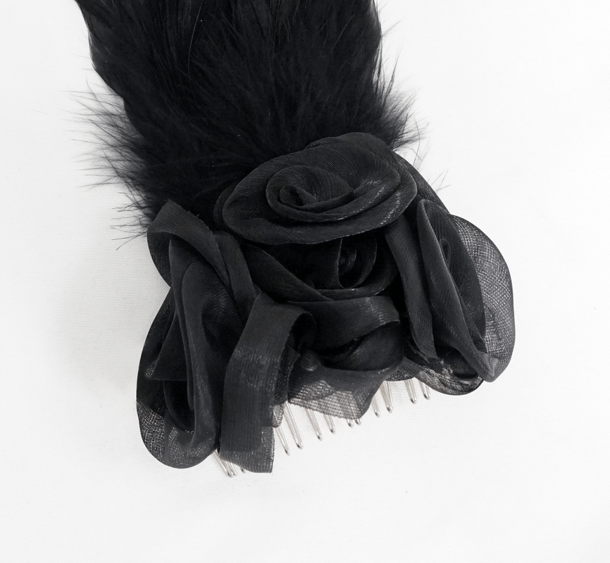 Elegant black flower hair clip with feathers, featuring rose shapes for a gothic look, perfect for stylish women.
