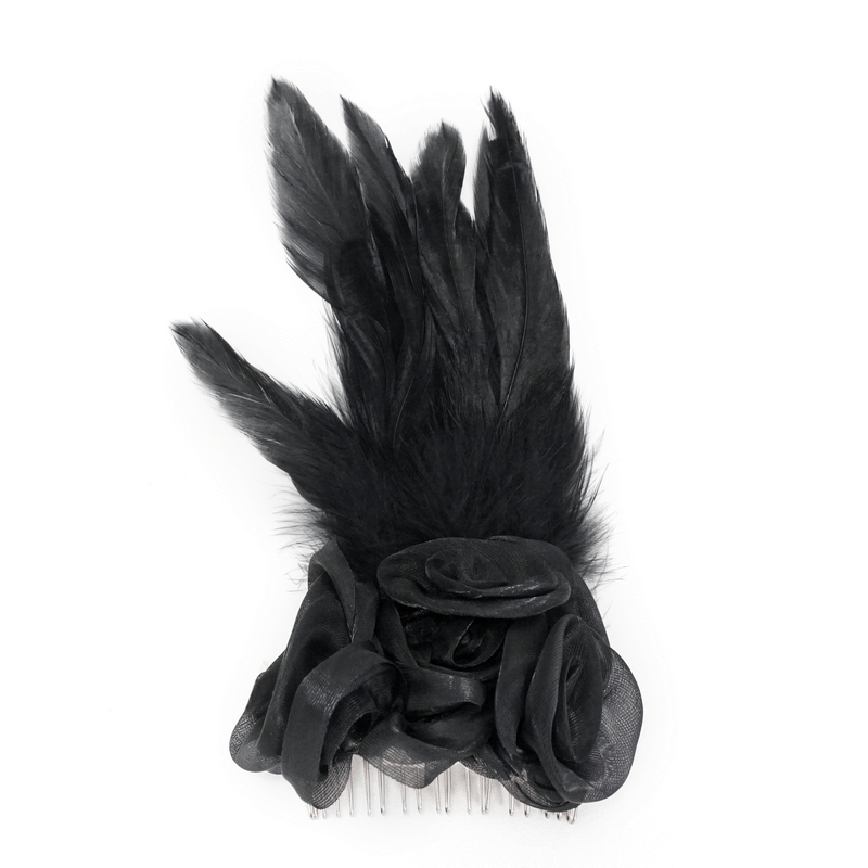 Elegant black flower hair clip with feathers, perfect gothic accessory for stylish women.
