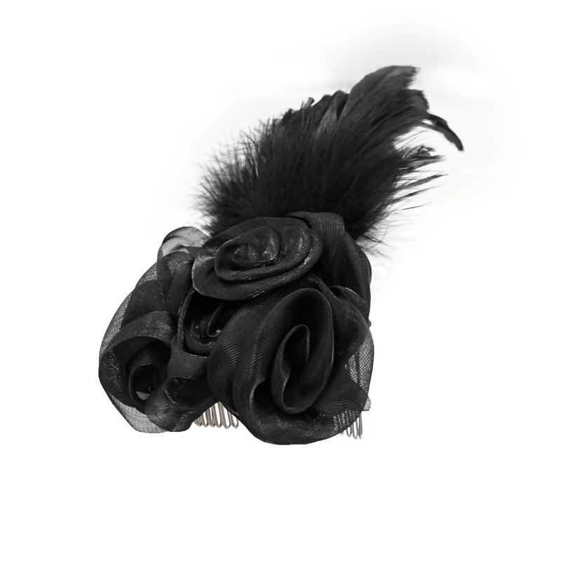 Elegant black flower hair clip with feathers, perfect gothic accessory for any outfit.