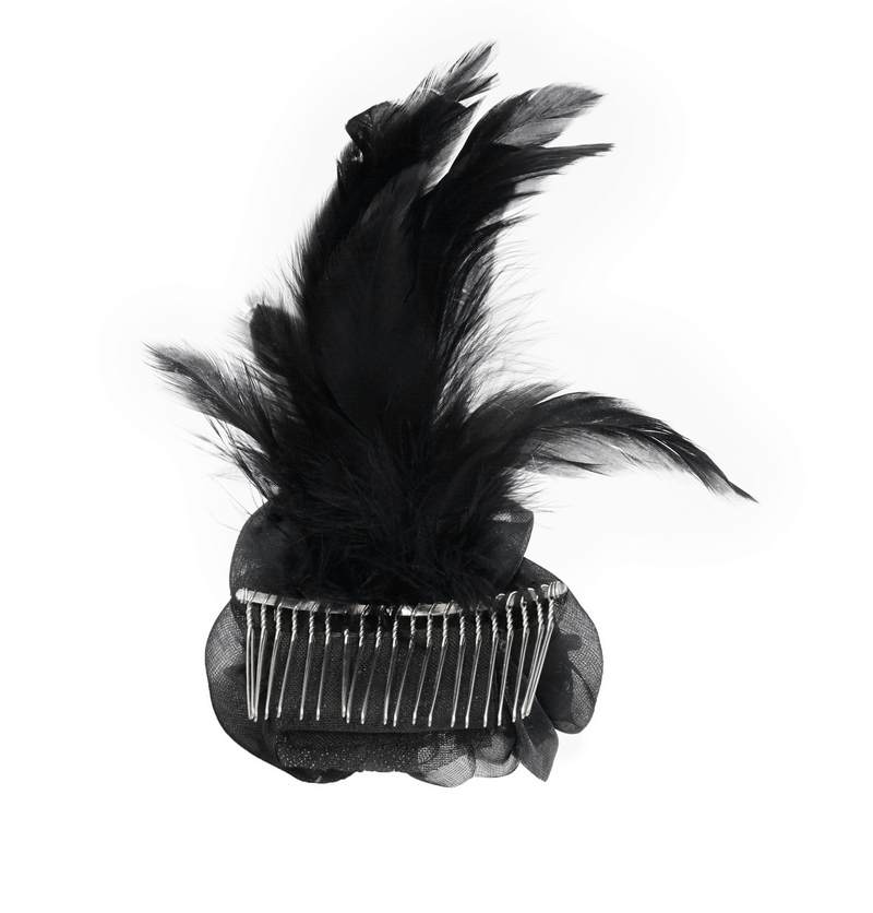Elegant black flower hair clip with feathers for gothic style, perfect women's floral accessory.