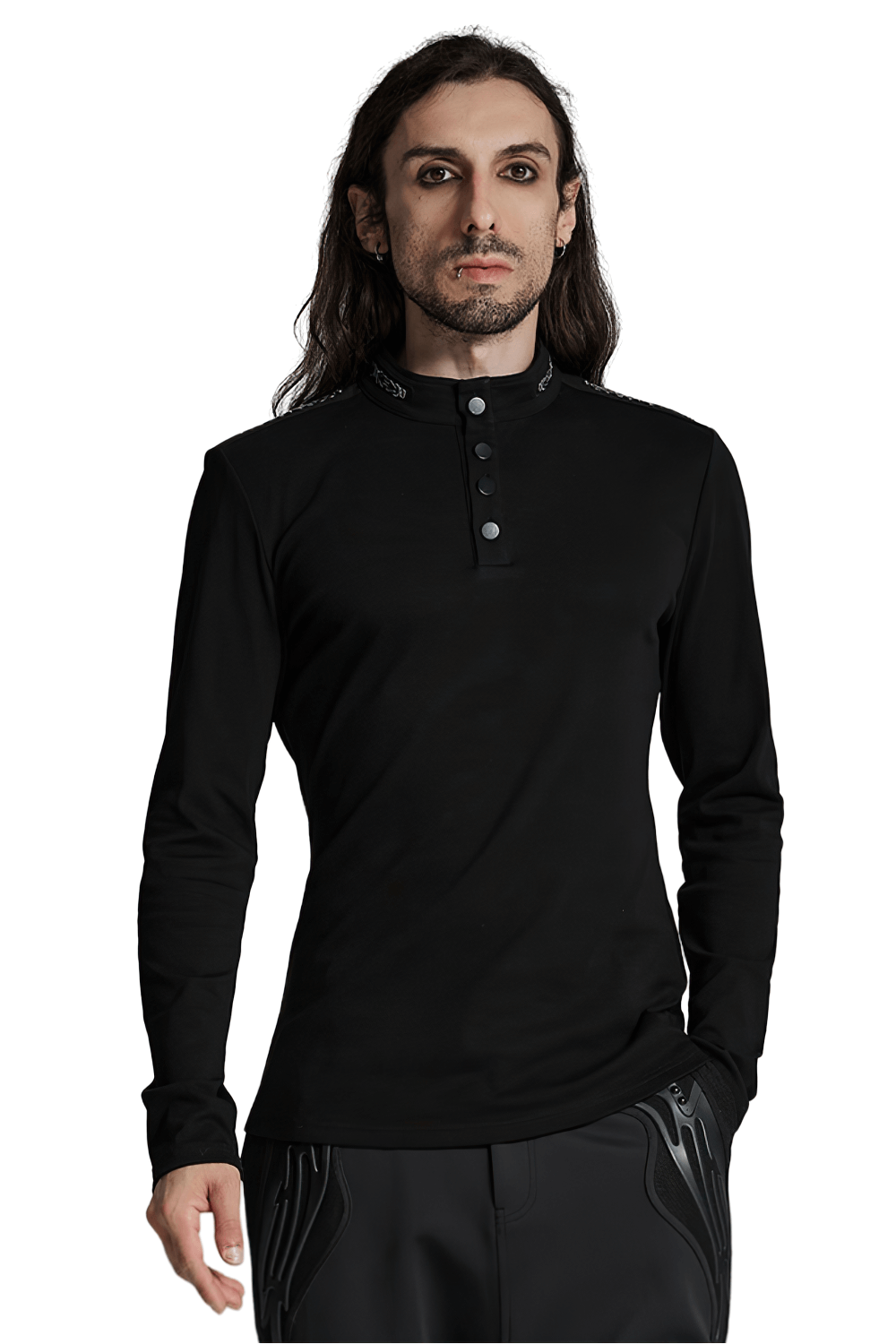 Elegant Gothic black button-up long sleeve top with stand-up collar on a model, featuring sleek punk military style and 3D webbing.