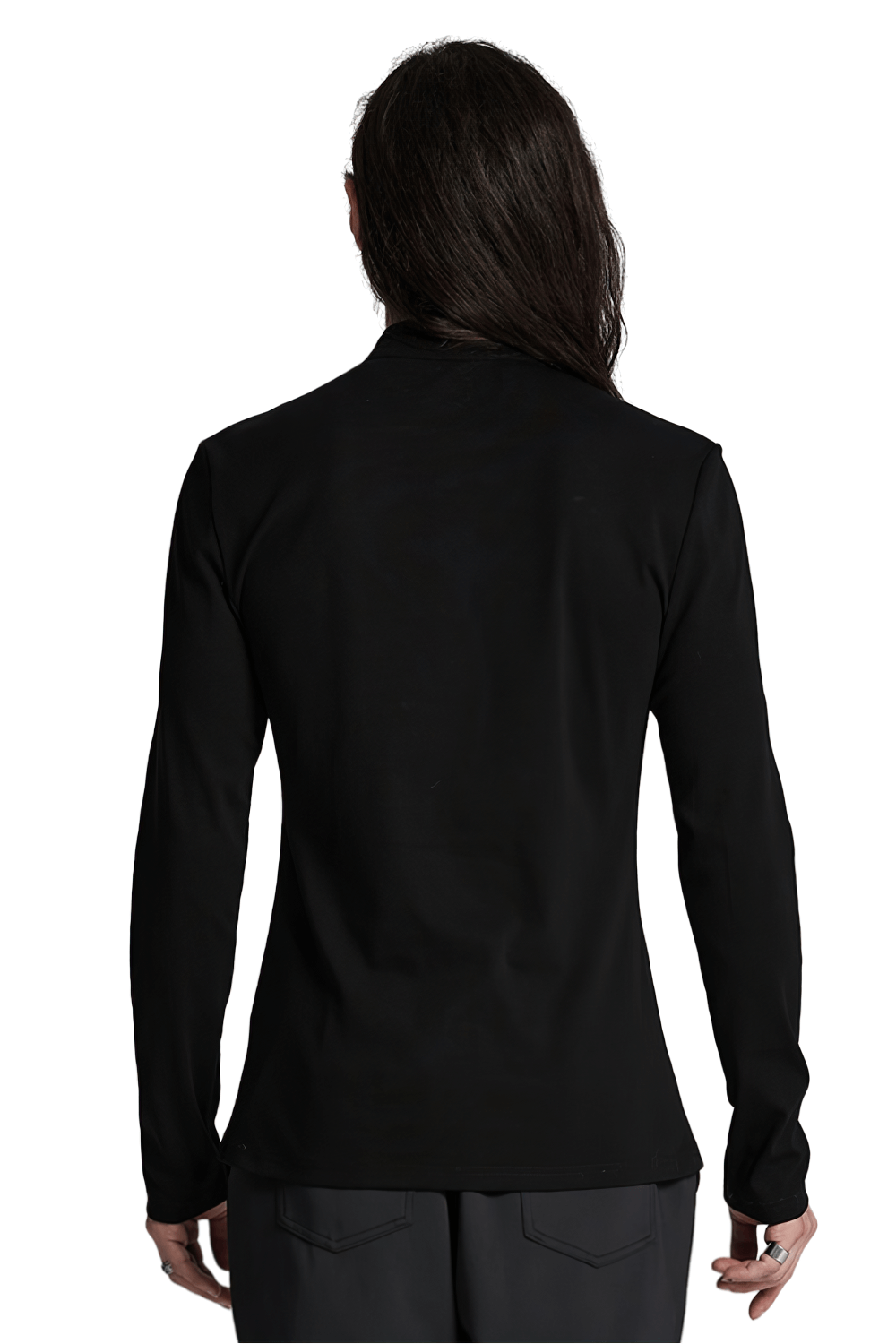 Back view of a black gothic button-up long sleeve top with stand-up collar, perfect for a stylish punk military look.