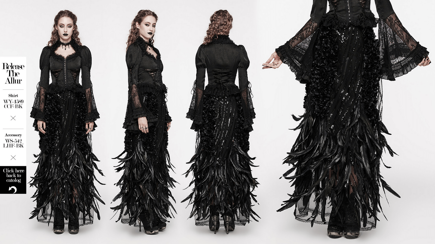 Elegant black gothic feathered skirt adorned with rose petals, embodying a stunning night queen aesthetic.