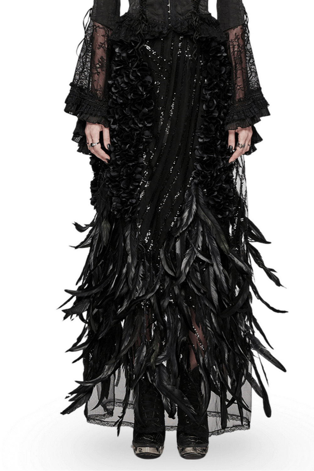 Elegant black Gothic skirt with feather hem and rose petal embellishments, perfect for a night queen look.