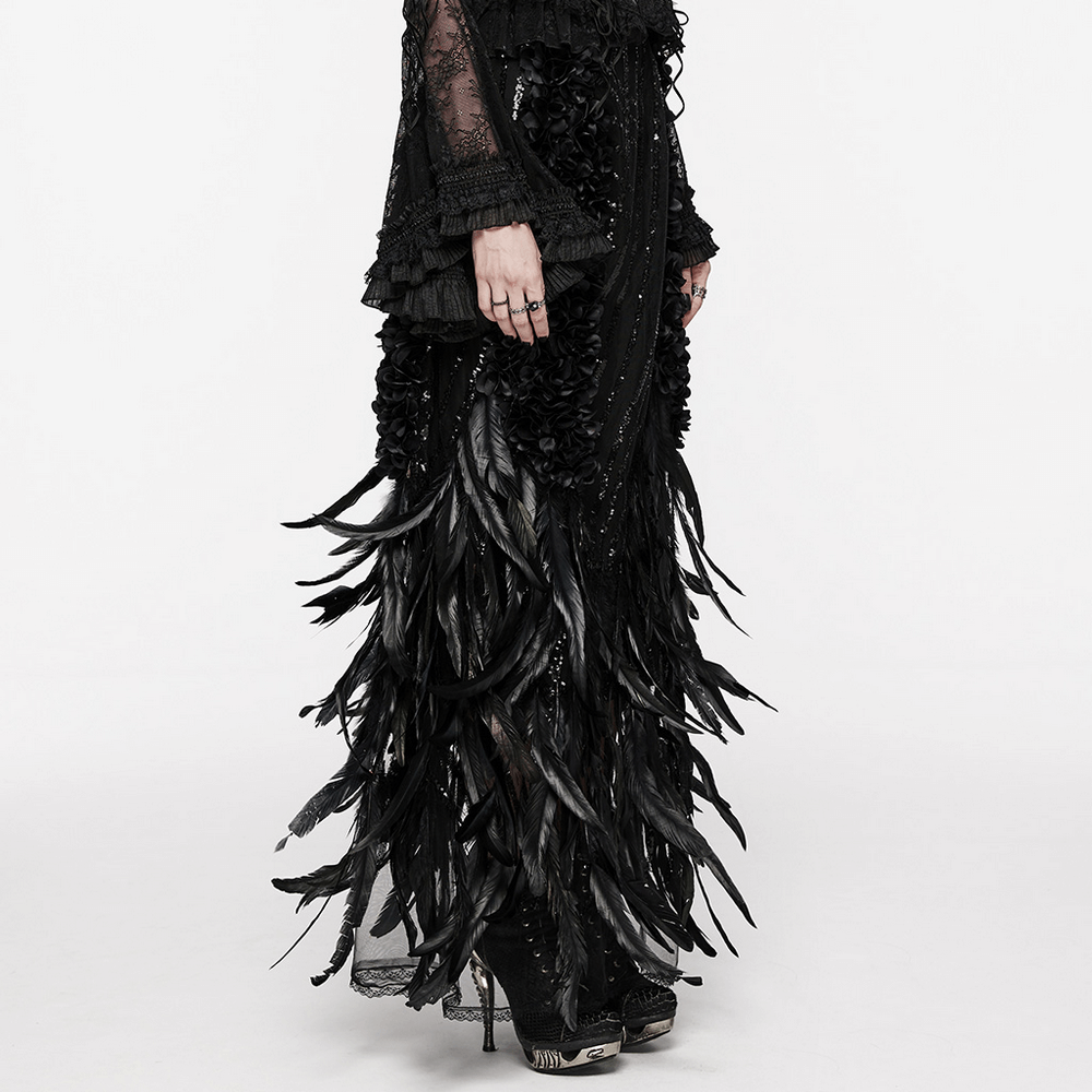 Elegant black Gothic skirt with feathered hem and rose petal details, perfect for night queen style.