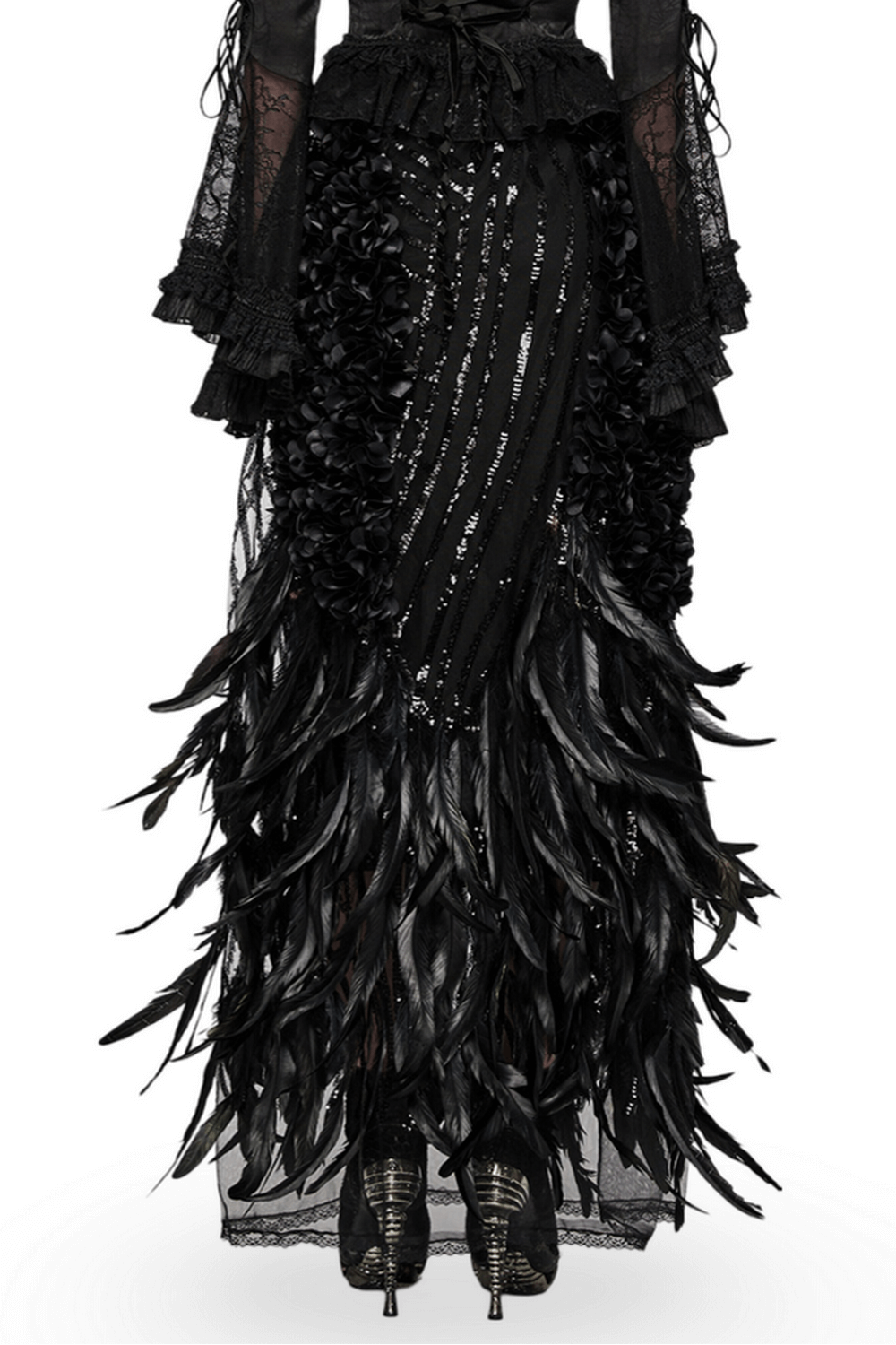 Elegant Black Gothic Feathered Skirt with Rose Petals