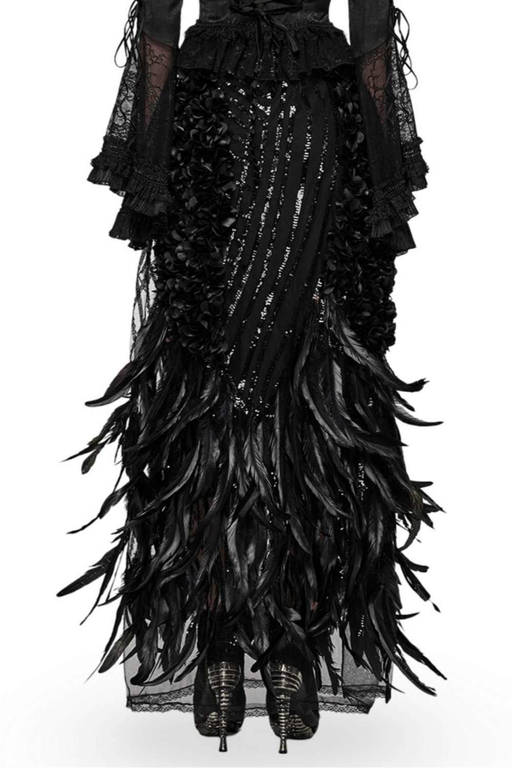 Elegant black Gothic feathered skirt with rose petals, featuring a stunning A-line design and luxurious details.