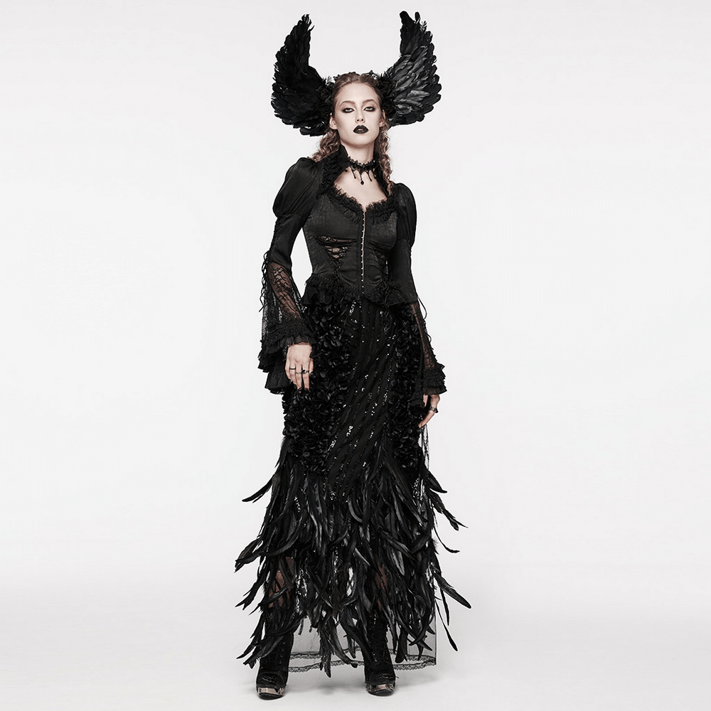 Elegant black Gothic skirt with feathered hem and rose petal accents, showcasing a stunning night queen look.