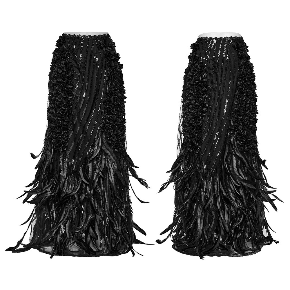 Elegant black gothic A-line skirt with feather hem and rose petal details, perfect for a night queen look.