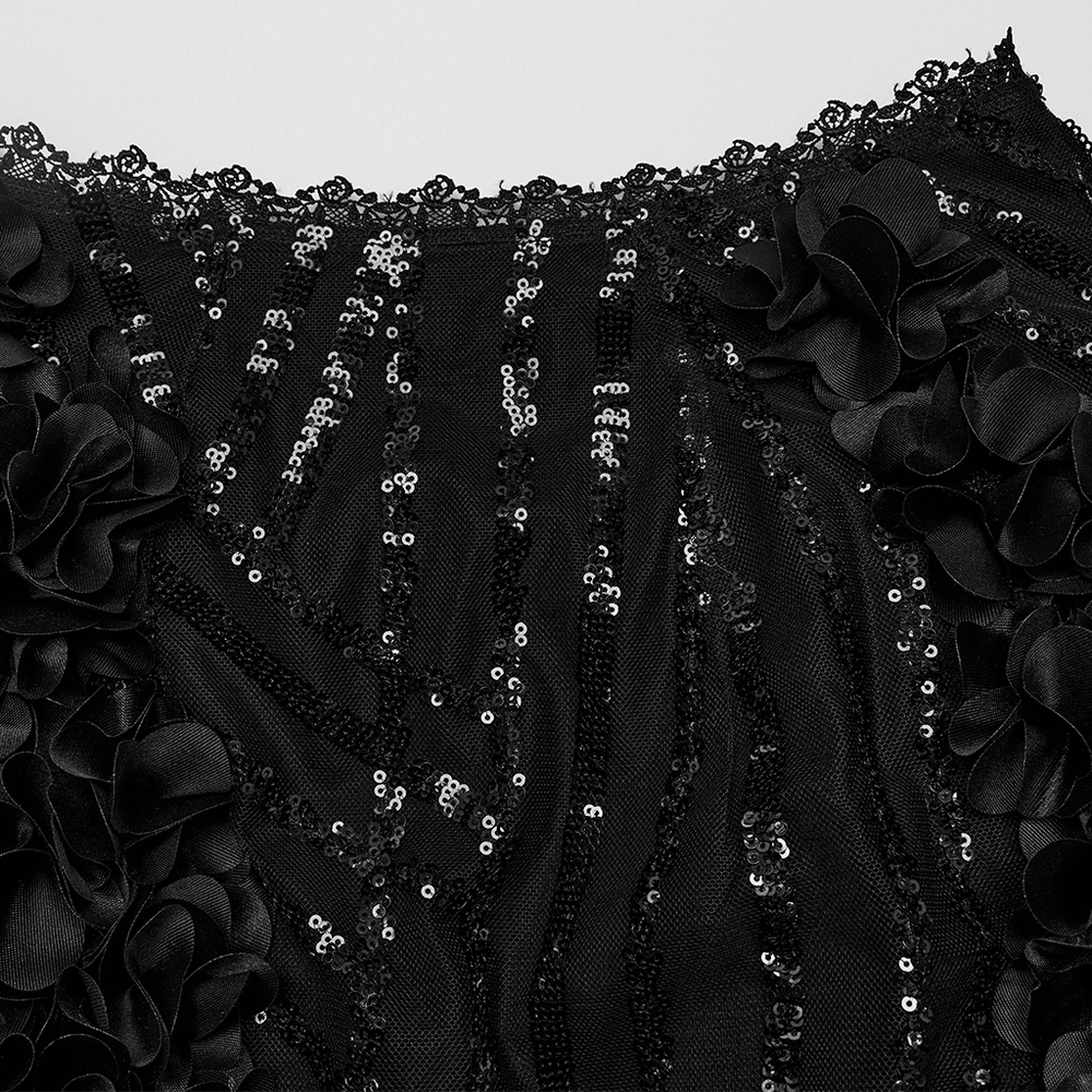 Elegant black fabric with sequins and three-dimensional fabric rose details, perfect for a Gothic-inspired design.