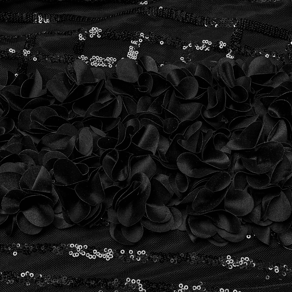 Elegant black fabric featuring sequins and layered floral embellishments, perfect for a Gothic-inspired skirt design.