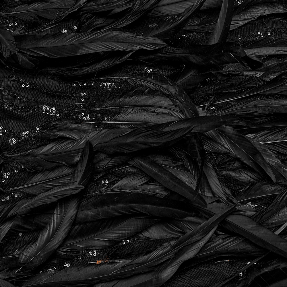 Close-up of elegant black feathers on mesh fabric, showcasing the luxurious texture for a Gothic skirt.