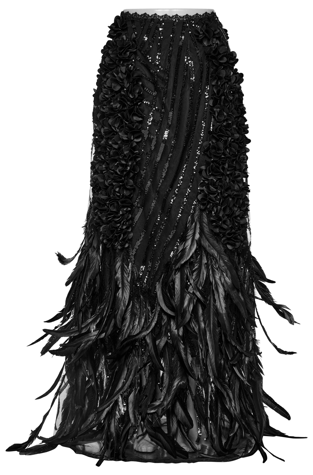 Elegant black Gothic feathered skirt with rose petals, featuring beads and an A-line design for a stunning look.