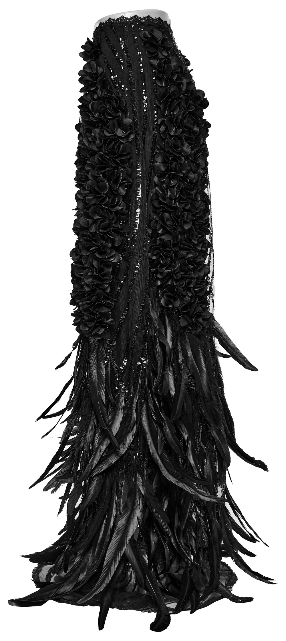 Elegant black gothic skirt with feathers and rose petal embellishments, perfect for a night queen look.