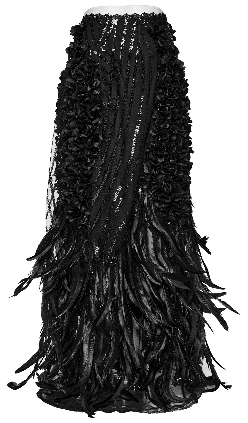 Elegant black gothic A-line skirt with feathered hem and rose petal embellishments, perfect for a nighttime queen.