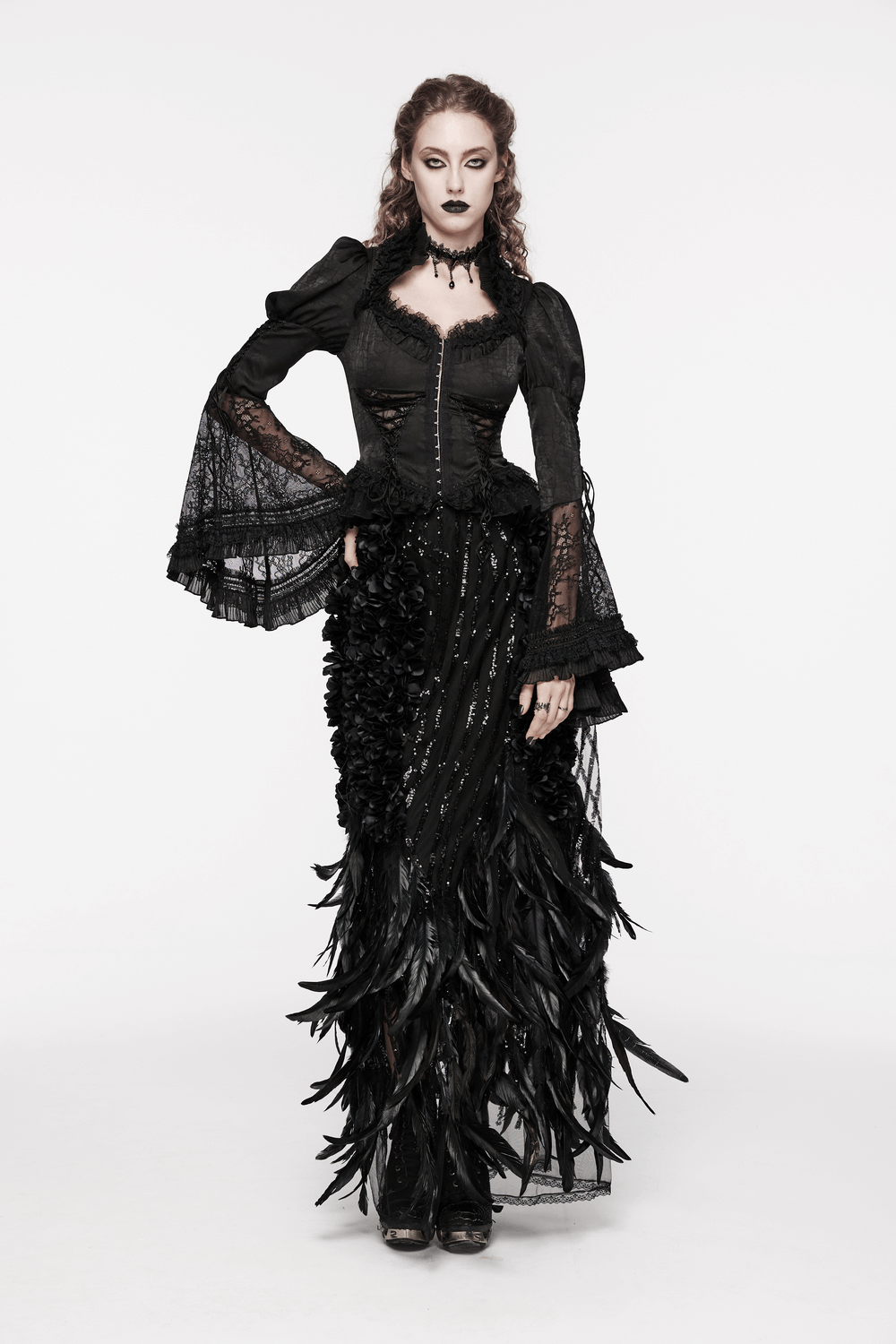 Elegant black Gothic skirt with feathers and rose petals, showcasing a striking A-line design.
