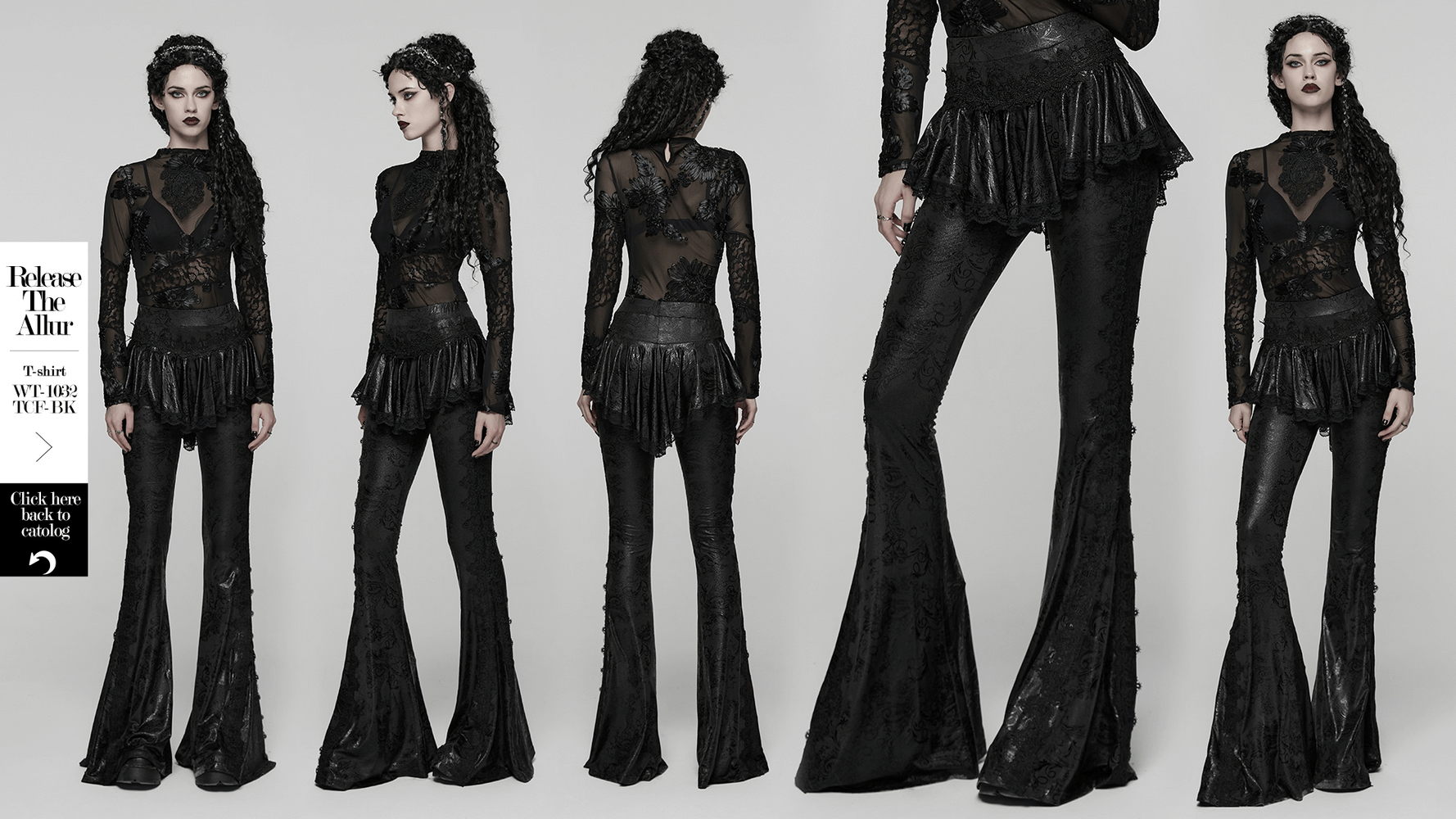 Elegant Black Gothic Flared Pants with Lace Skirt Overlay featuring lace trim and flared silhouette.