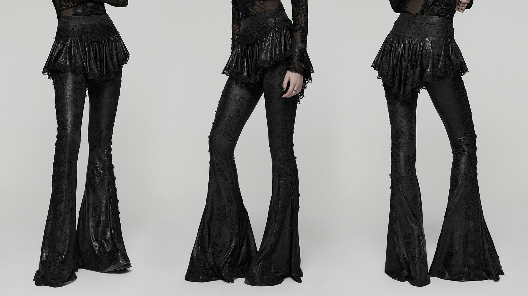 Elegant Black Gothic Flared Pants with Lace Skirt Overlay showcasing flared design and lace trim details.