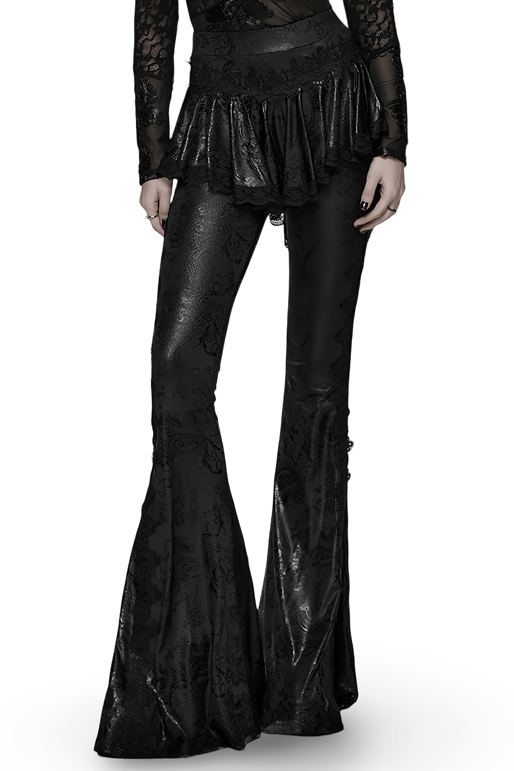 Elegant Black Gothic Flared Pants with Lace Skirt Overlay on model showcasing lace trim and flared design.