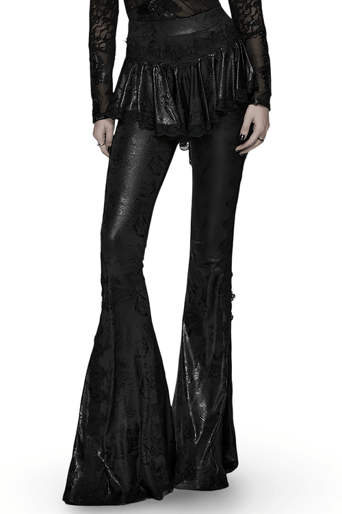 Elegant Black Gothic Flared Pants with Lace Skirt Overlay