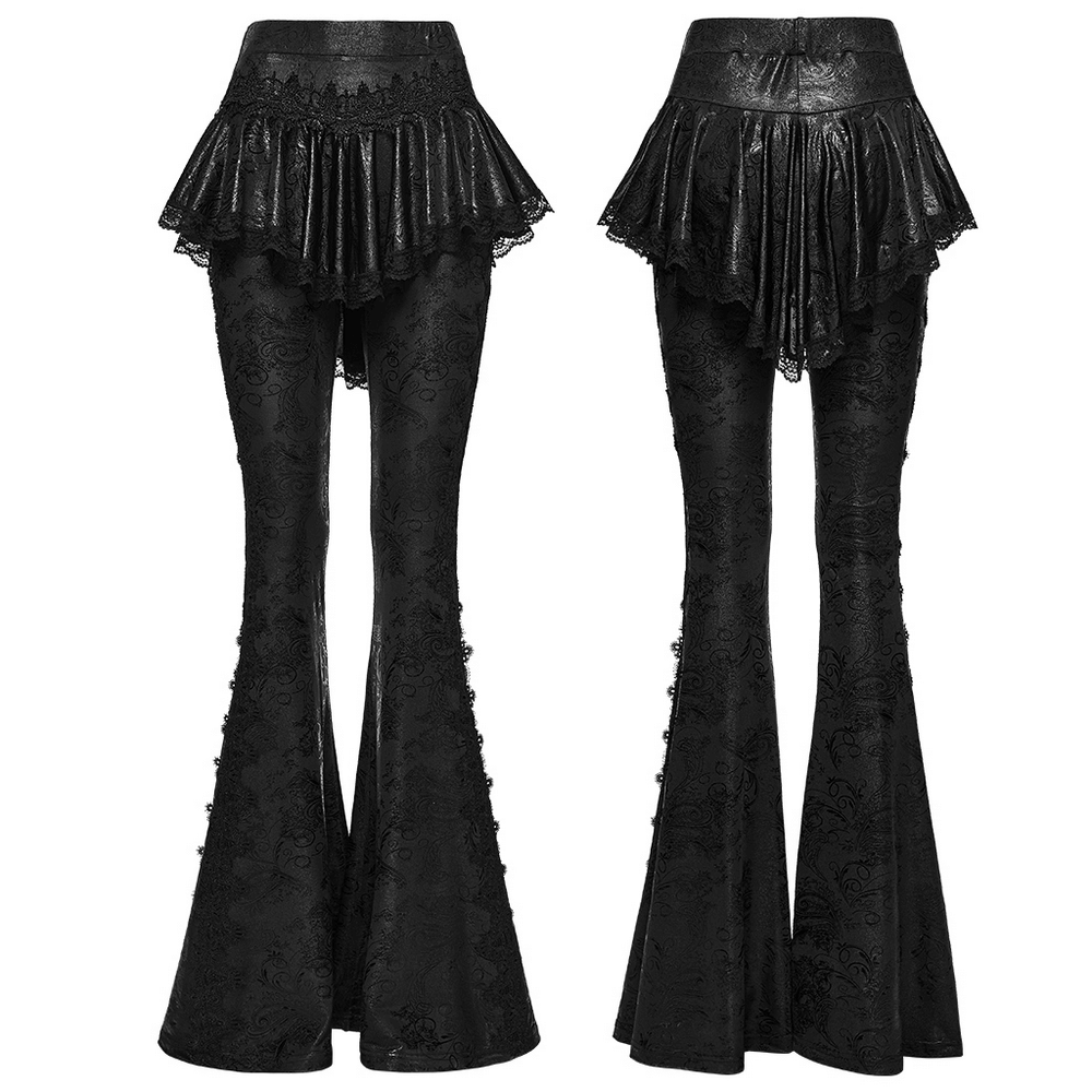 Elegant Black Gothic Flared Pants with Lace Skirt Overlay showcasing intricate lace trim and a flared silhouette.