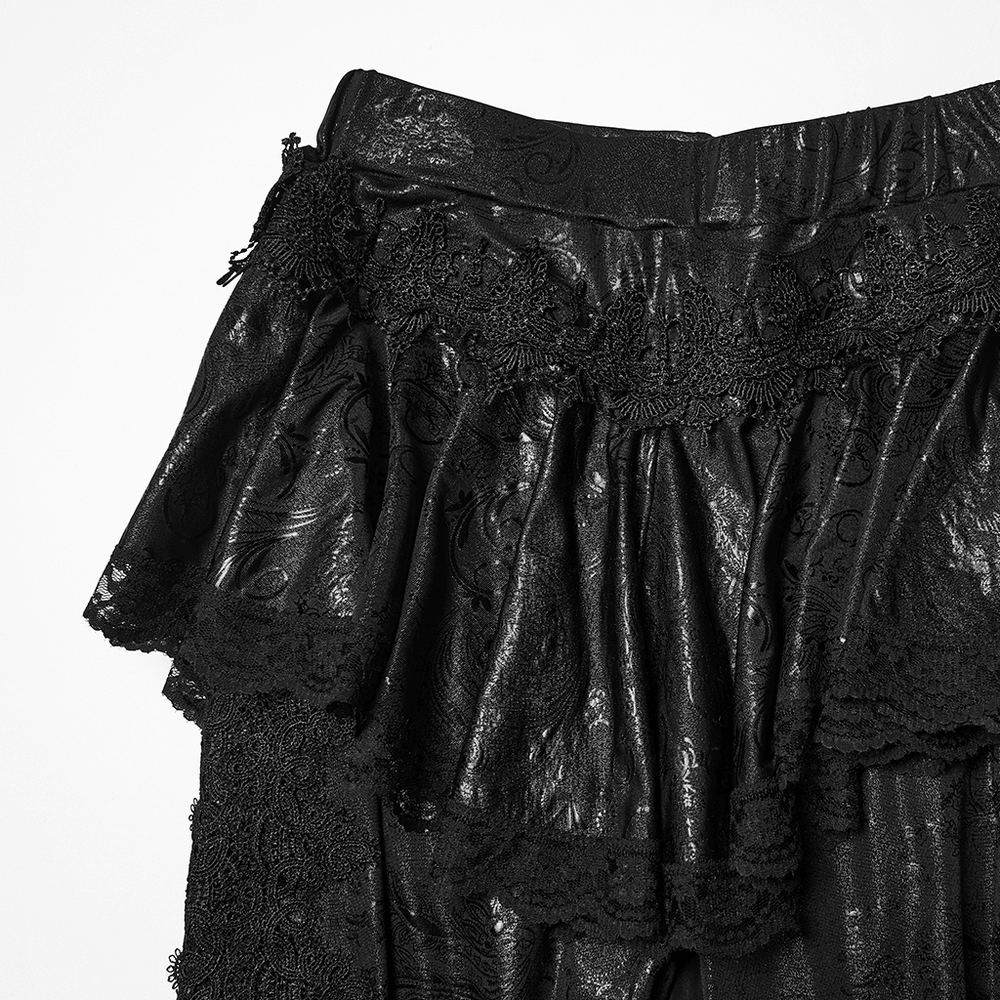 Elegant Black Gothic Flared Pants with Lace Skirt Overlay featuring intricate lace trim and layered design.