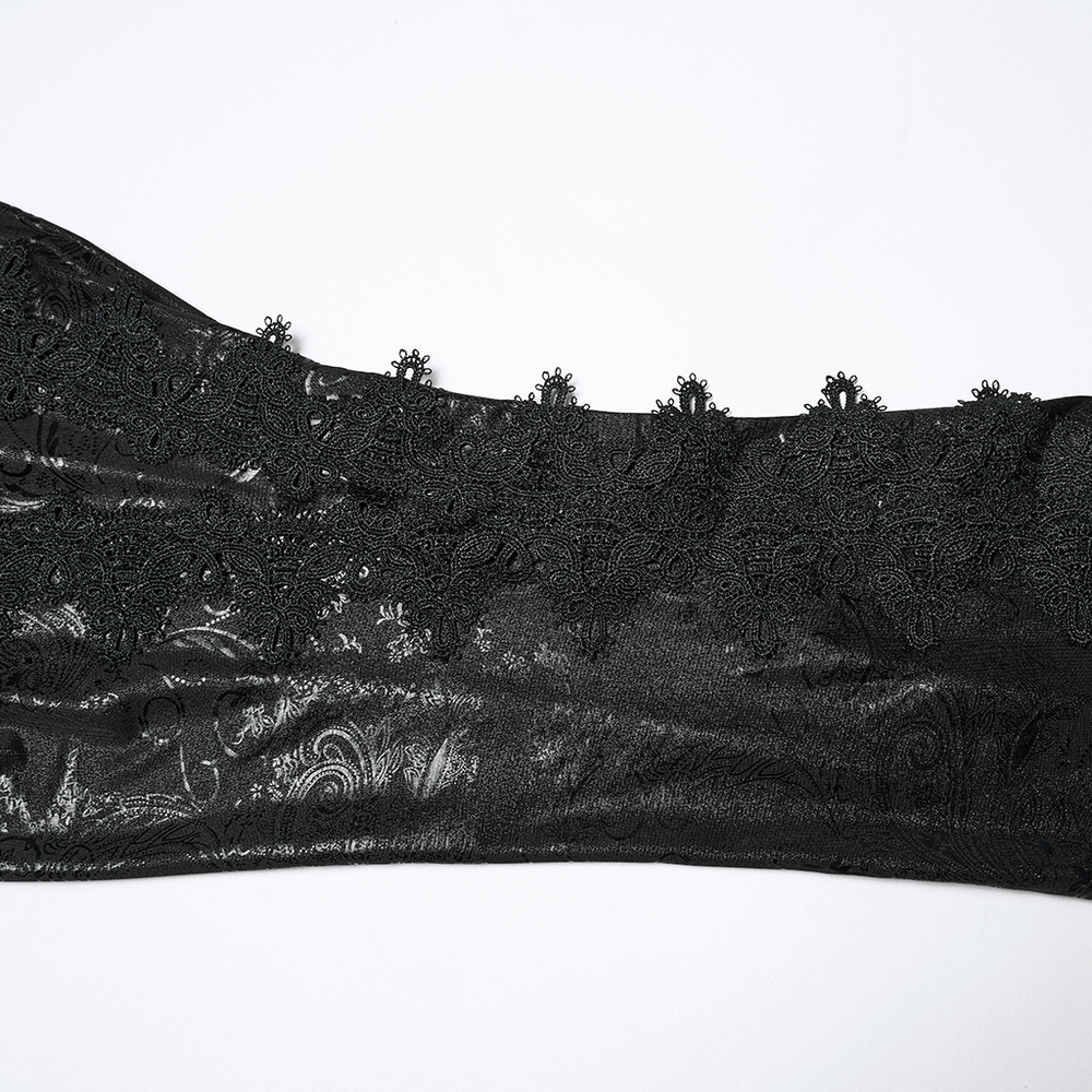 Elegant Black Gothic Flared Pants with Lace Skirt Overlay close-up showing intricate lace detailing and shimmering fabric.