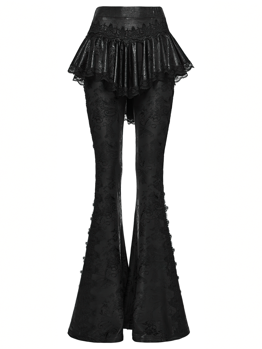 Elegant Black Gothic Flared Pants with Lace Skirt Overlay showcasing intricate lace trim and flared design.