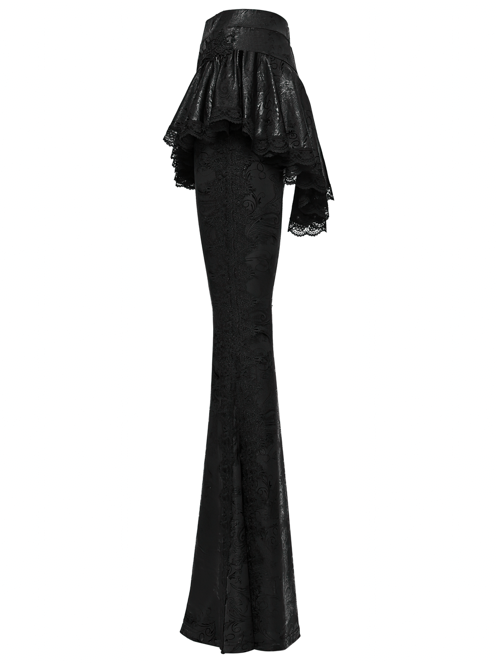 Elegant Black Gothic Flared Pants with Lace Skirt Overlay showcasing intricate lace trim and a stunning silhouette.