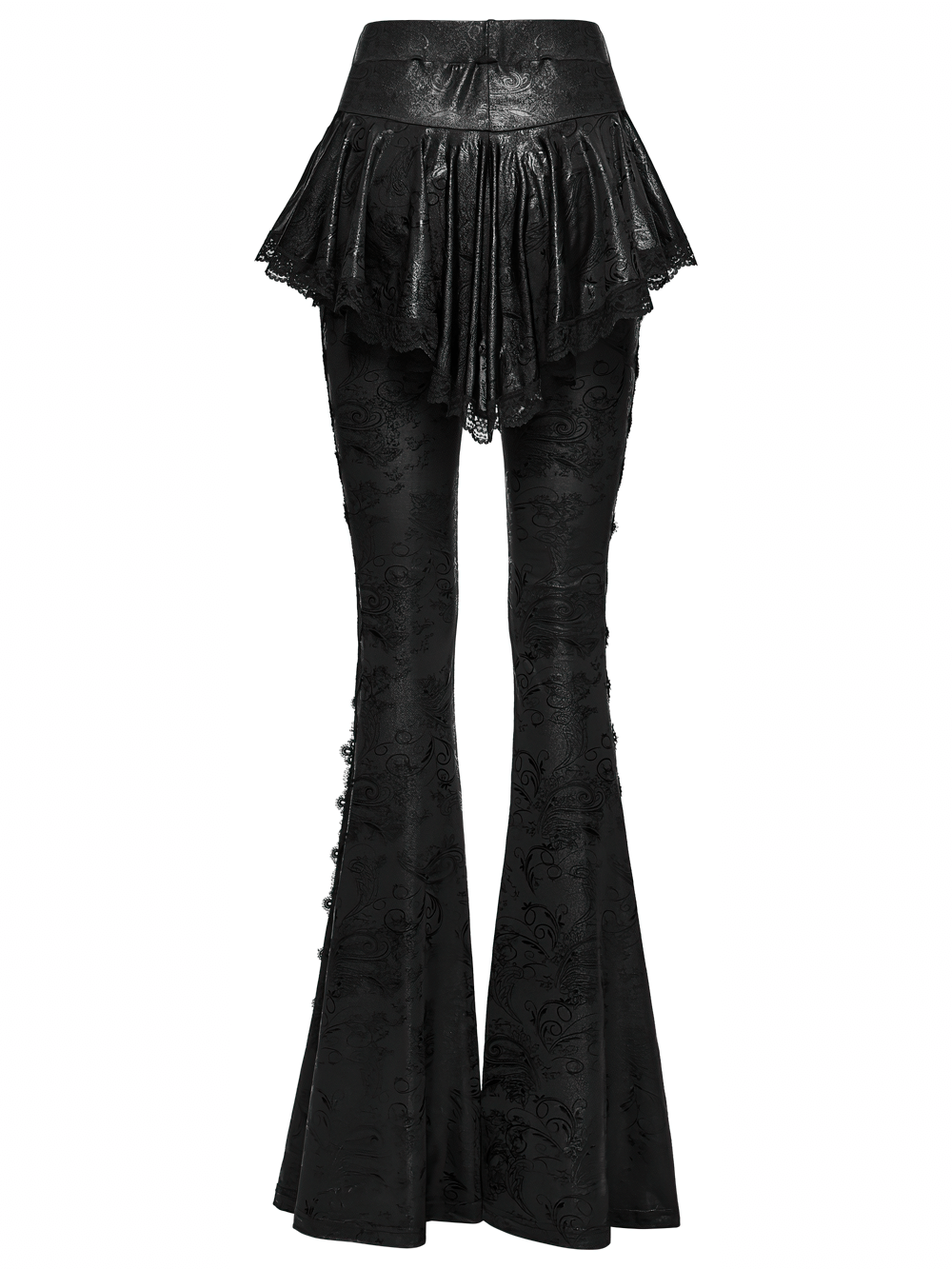 Elegant Black Gothic Flared Pants with Lace Skirt Overlay, featuring a layered silhouette and lace trim.