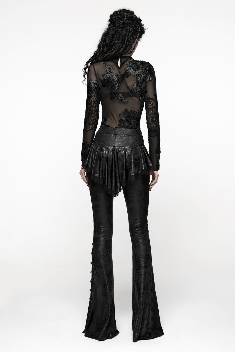 Elegant Black Gothic Flared Pants with Lace Skirt Overlay showcased from the back, featuring lace trim and flared fit.