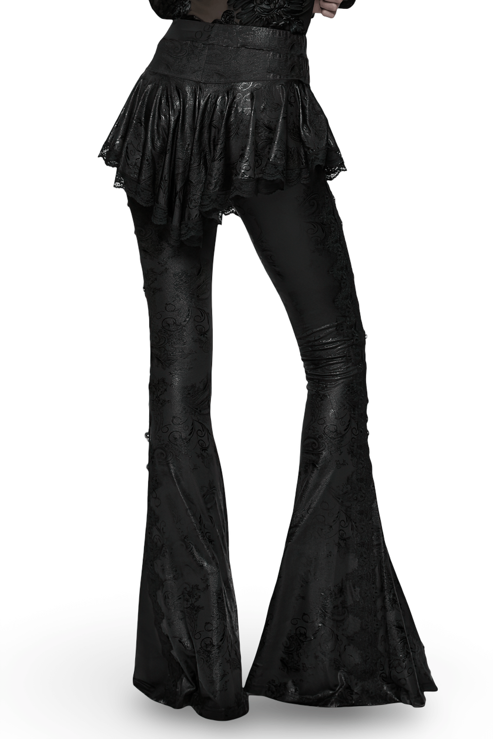 Elegant Black Gothic Flared Pants with Lace Skirt Overlay showcasing flared design and delicate lace trim.