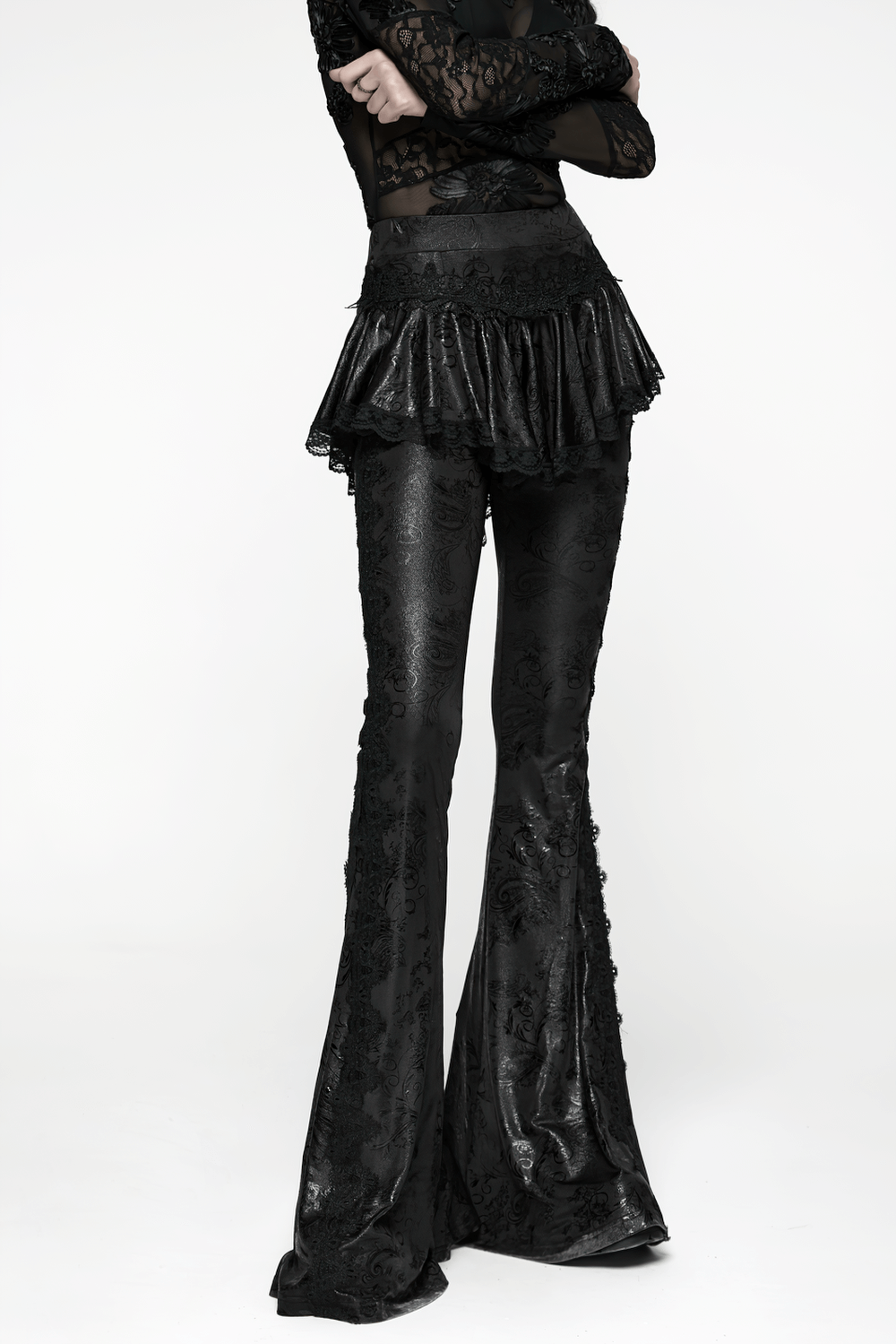 Elegant Black Gothic Flared Pants with Lace Skirt Overlay showcasing stylish lace trim and pockets.