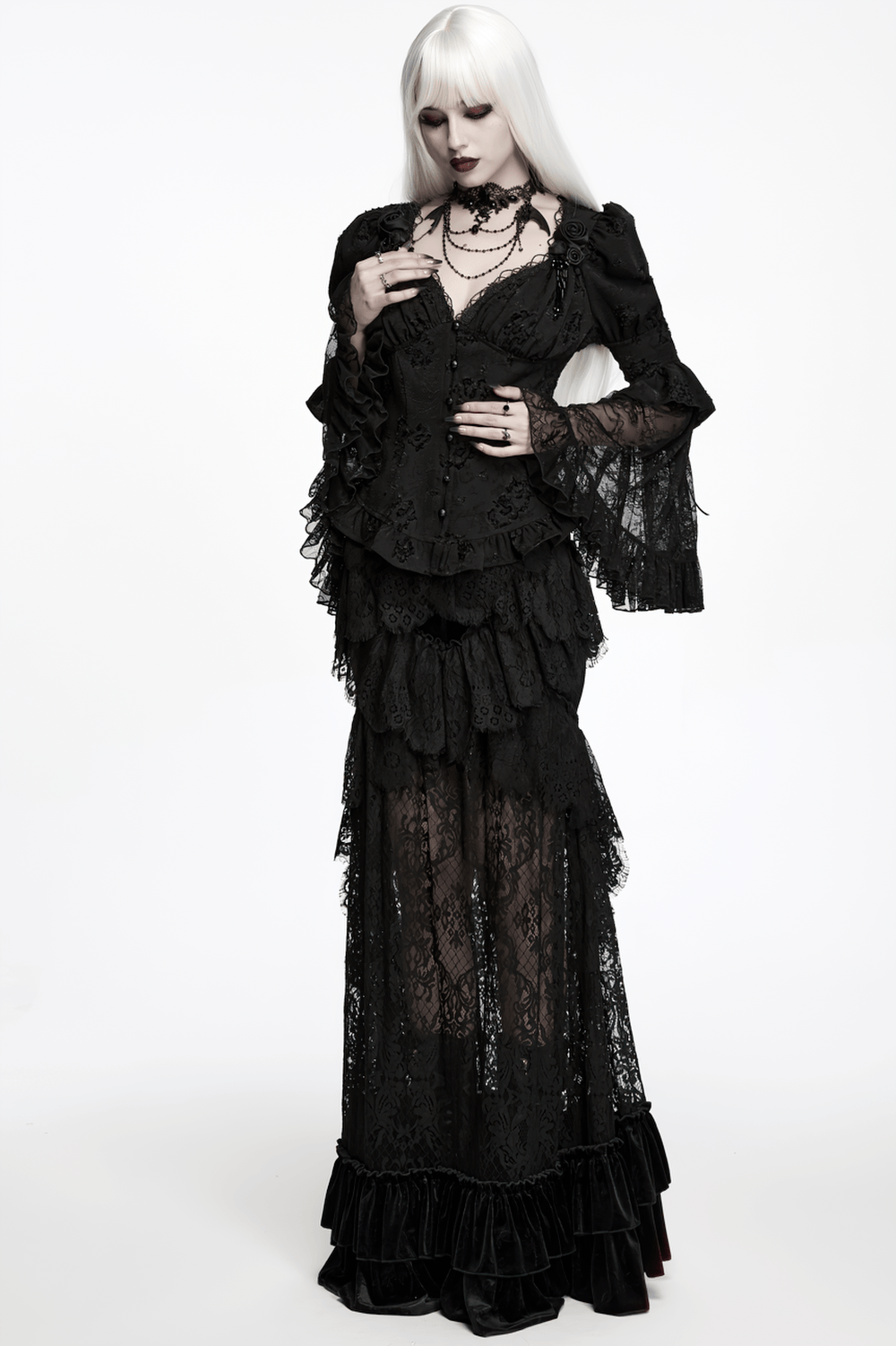 Elegant Black Gothic Jacquard Lace Puff Sleeve Blouse