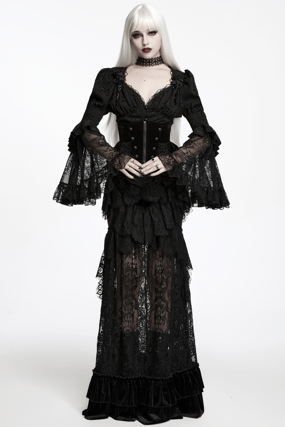 Elegant Black Gothic Jacquard Lace Puff Sleeve Blouse