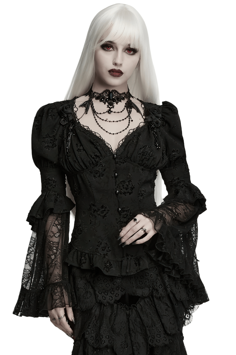 Elegant Black Gothic Jacquard Lace Puff Sleeve Blouse