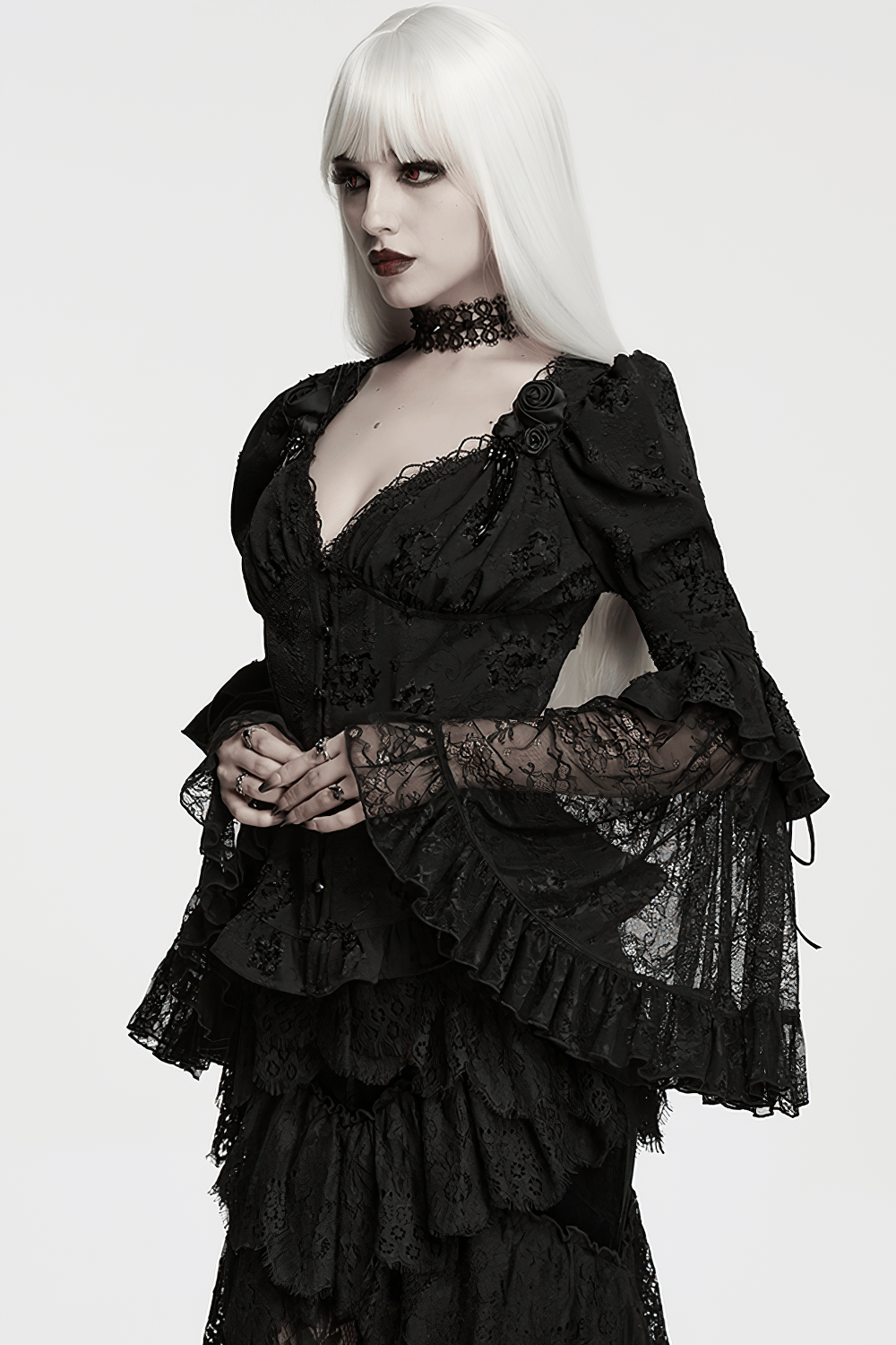 Elegant Black Gothic Jacquard Lace Puff Sleeve Blouse